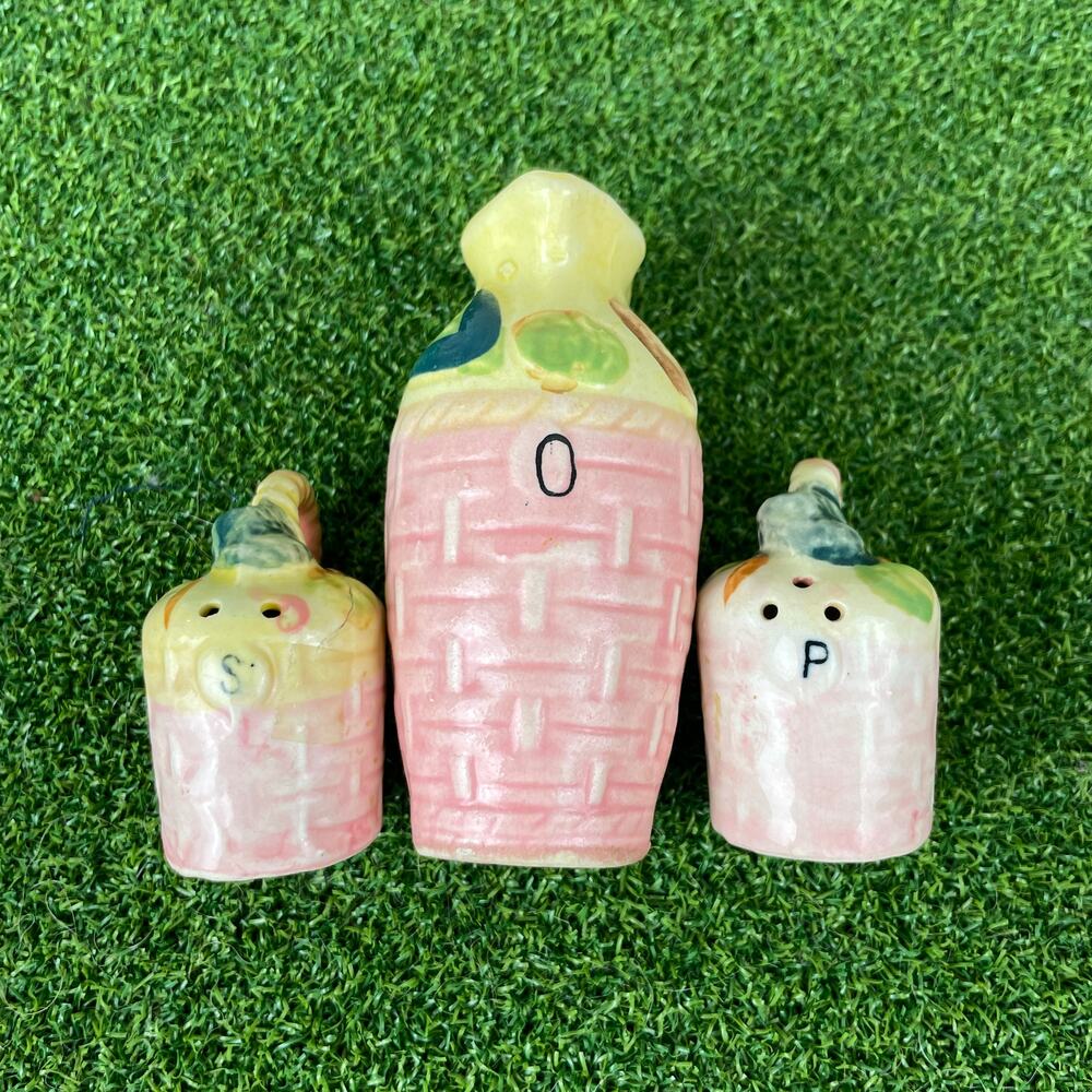Vintage Japan Pink Basket Weave Salt Pepper Oil Cruet Ceramic Condiment Set
